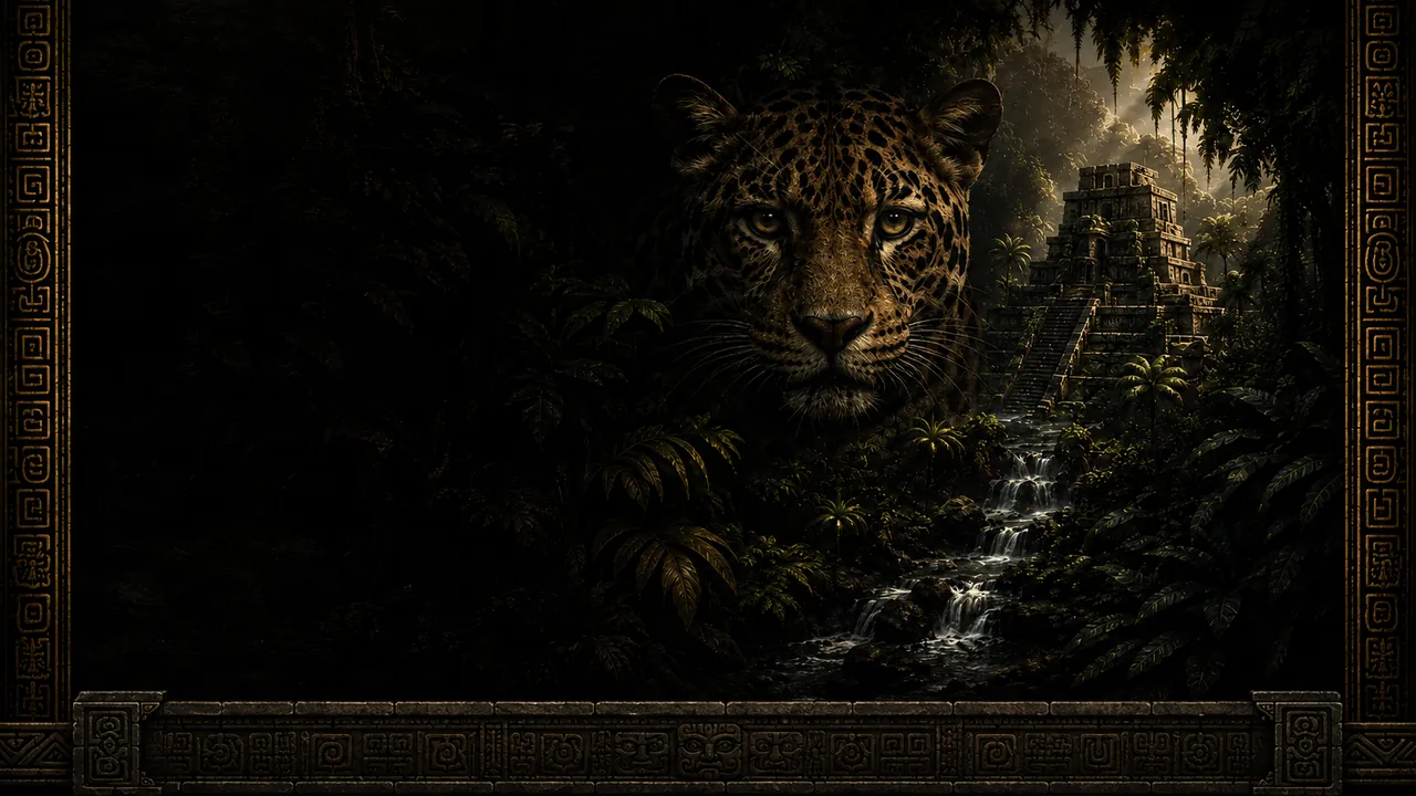 A jaguar watching from dense Puerto Vallarta jungle beside a stepped Mayan stone temple, with palms and a waterfall below